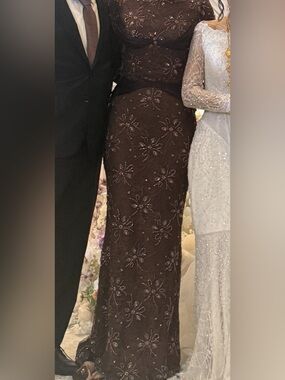 Elegant Brown Beaded Evening Dress